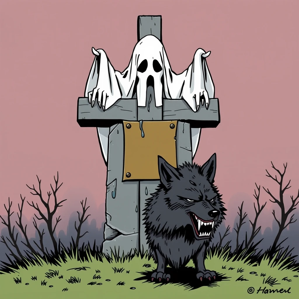 Graphic Novel: A ghost on its grave cross with a brass plaque shrugs its shoulders, in front of it a werewolf with tears. - Image