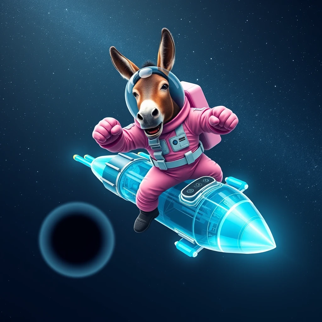 An ambitious donkey wearing pink astronaut costume, riding on a crystal light cyan stunning spaceship, making a punching gesture, flying to the outerspace under a clear night sky with lots of shining stars, passing by a huge black-hole. Realistic style.