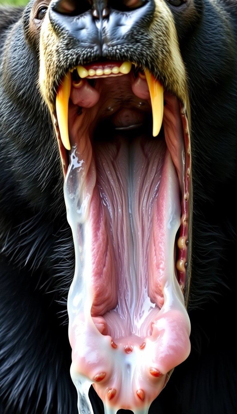 The black bear opened its mouth, which was very large, revealing sharp teeth that were very pointed. The tongue was wet with saliva, and there was a lot of saliva, filling the entire mouth. The saliva was white, moistening the fur. The veins in the mouth could be seen, and there were multiple tongues.