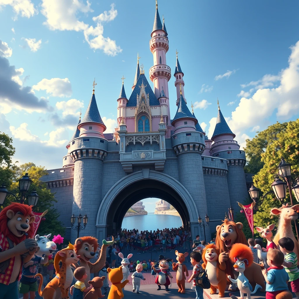 A majestic high-angle shot reveals the bridge, now a Disney castle-like structure, with animals celebrating below in a jubilant scene filled with Disney's signature magic and color. - Image