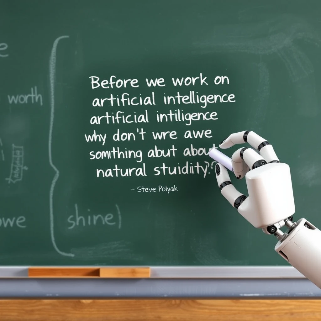 A robotic hand holding a piece of chalk writing with that piece of chalk on a chalkboard with writing on it that says “Before we work on artificial intelligence why don’t we do something about natural stupidity?”

—Steve Polyak , on a classroom style chalkboard - Image