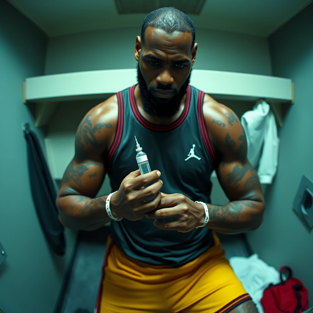 CCTV footage of LeBron James injecting steroids in the gym locker room. Full frame, 20mm, low quality. Top down photo.