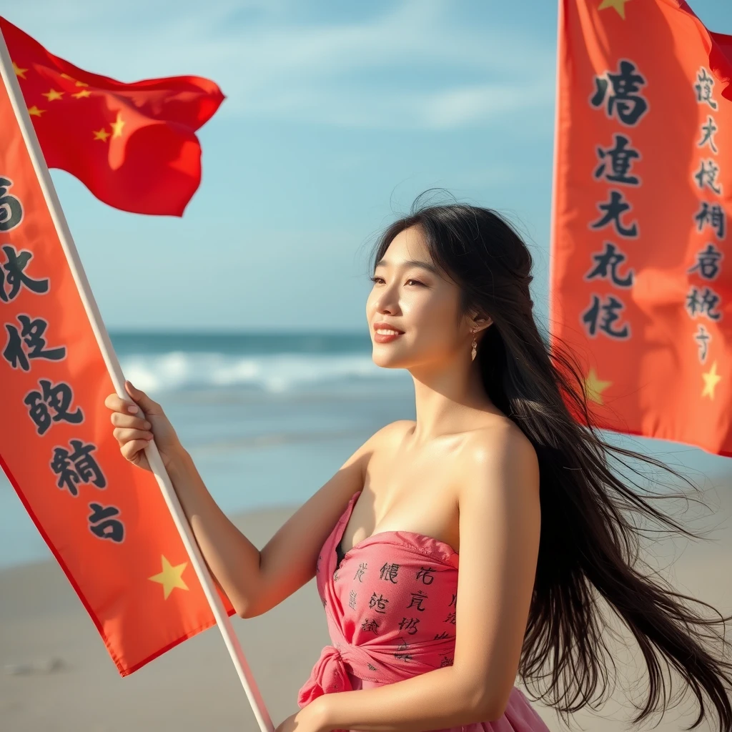 "A beautiful woman on the beach, with flags and many Chinese characters."