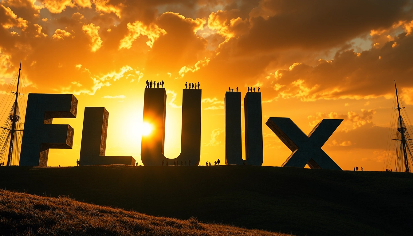 Create a dramatic digital illustration of giant 3D letters spelling 'FLUX' on a hilltop. The letters should be dark and monolithic, appearing to be made of concrete or stone. Position them against a spectacular sunset sky with golden light, dramatic clouds, and visible sun rays. Place the sun so it shines through the 'U' in FLUX. Add silhouettes of many tiny human figures along the top of the letters to show scale. Include a winding staircase or path leading up to the letters from the foreground. The foreground should feature grassy, rolling hills. Add two or three ship masts visible on the sides of the image. Use a cinematic style with high contrast between the dark letters and the bright sky. Emphasize the epic scale and grandeur of the scene, creating a sense of awe and wonder. The overall mood should be inspiring and slightly mysterious. - Image