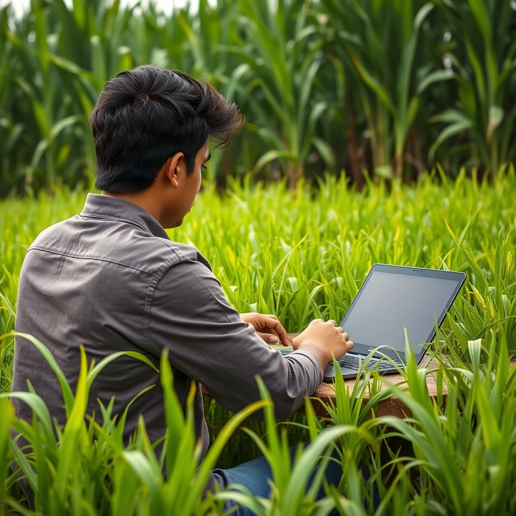 "A man in IT is coding in the midst of a lush rice field at a table, where the rice plants are even crawling onto the man's table. A close-up is taken from behind. Despite this, the man's handsome face can be seen, although he is viewed from the back. He is Indonesian and has nice hair." - Image