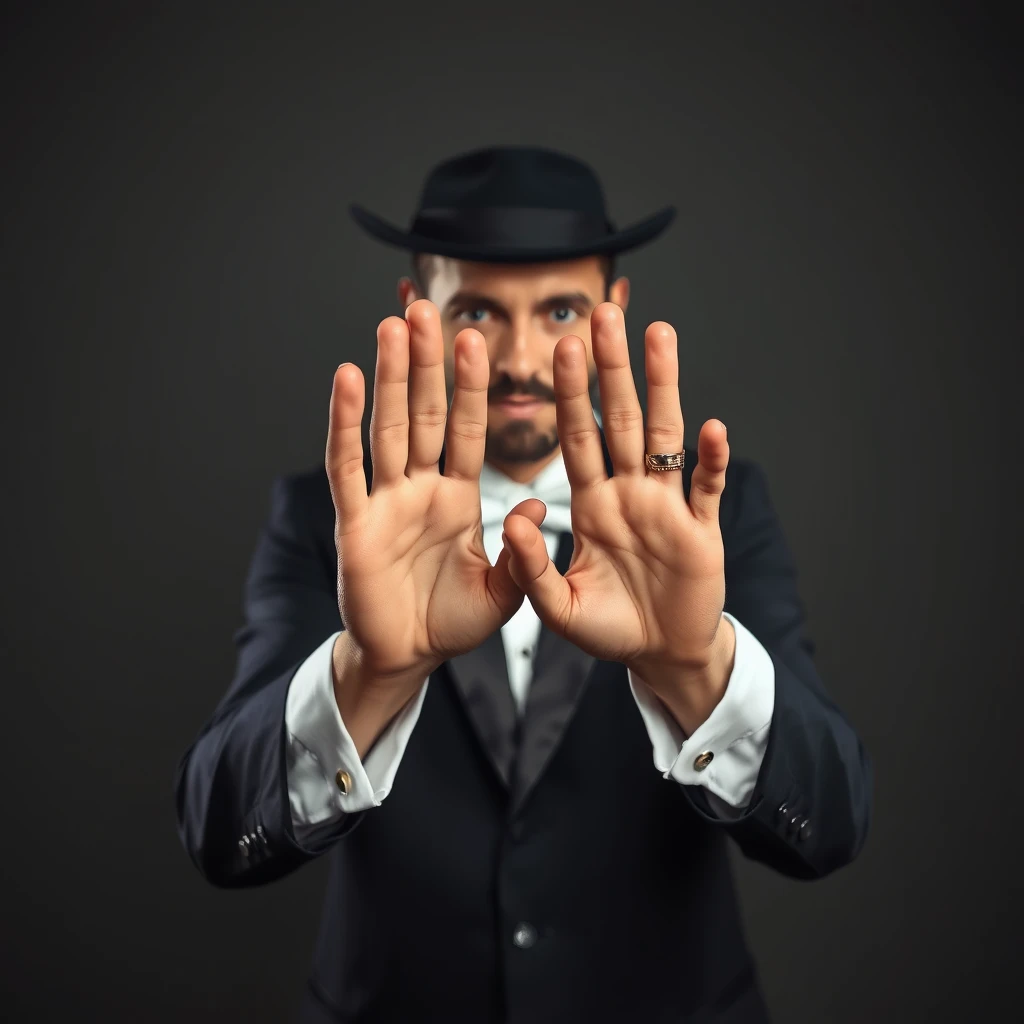 A photo realistic picture of a magician showing his hands, such that we can see that he's not hiding anything.