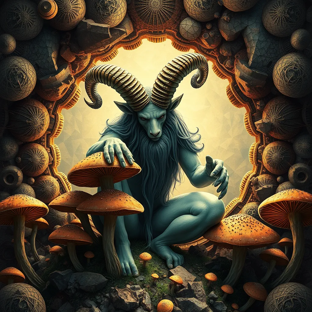 Satyr eating mushrooms and breaking through to another dimension full of geometric fractal patterns, HD photography.