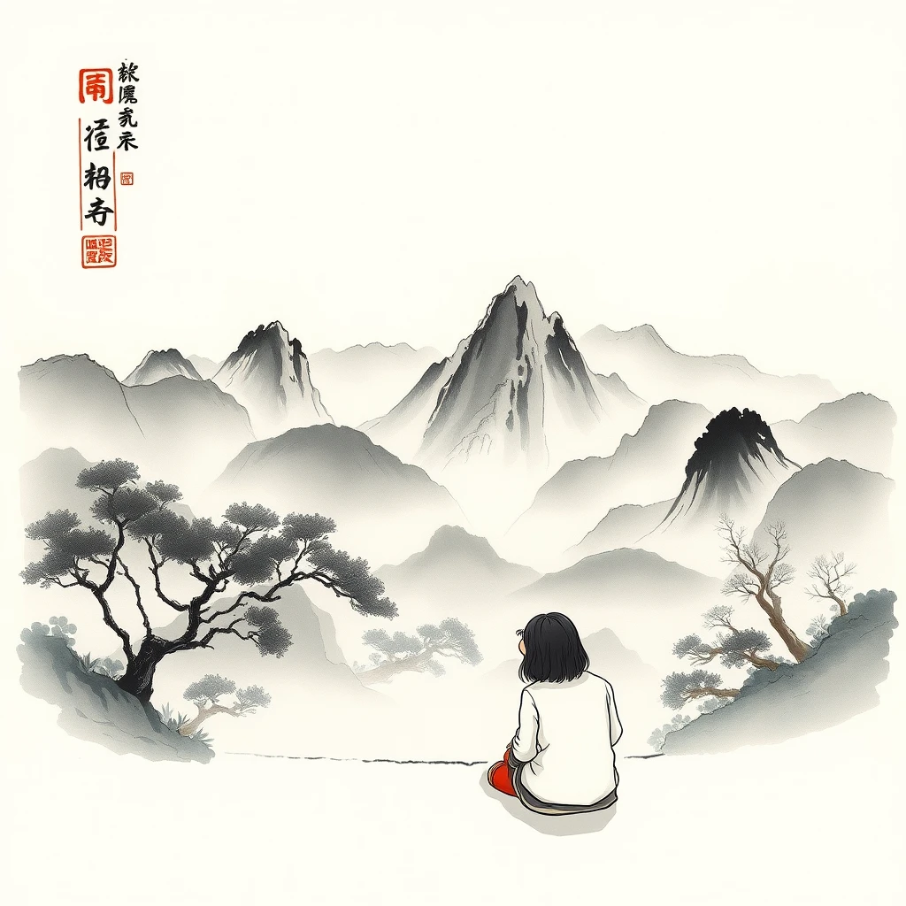 Sitting in front of the Chinese landscape ink painting, anime.