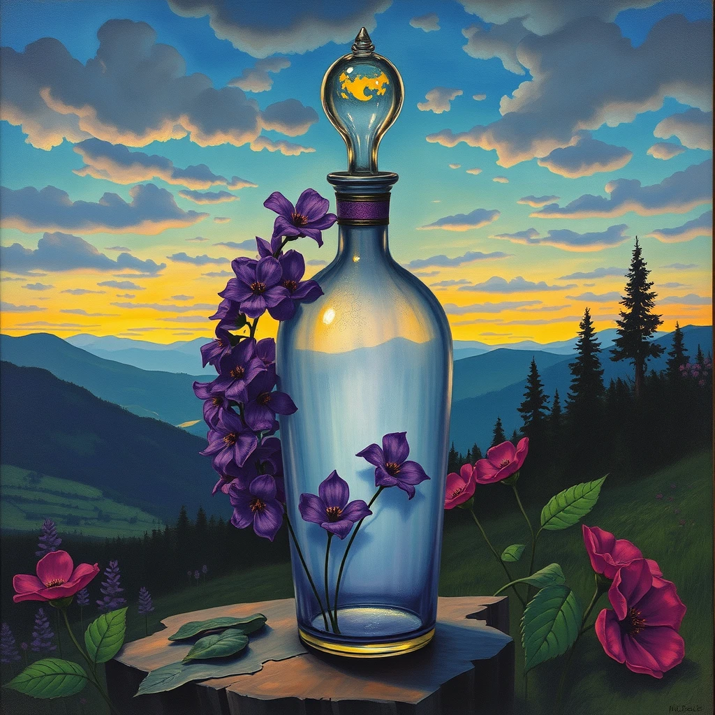 "The art of Alphonse Mucha, cosmetic glass bottle, violet, rendering, beautiful scenery, dramatic colors." - Image