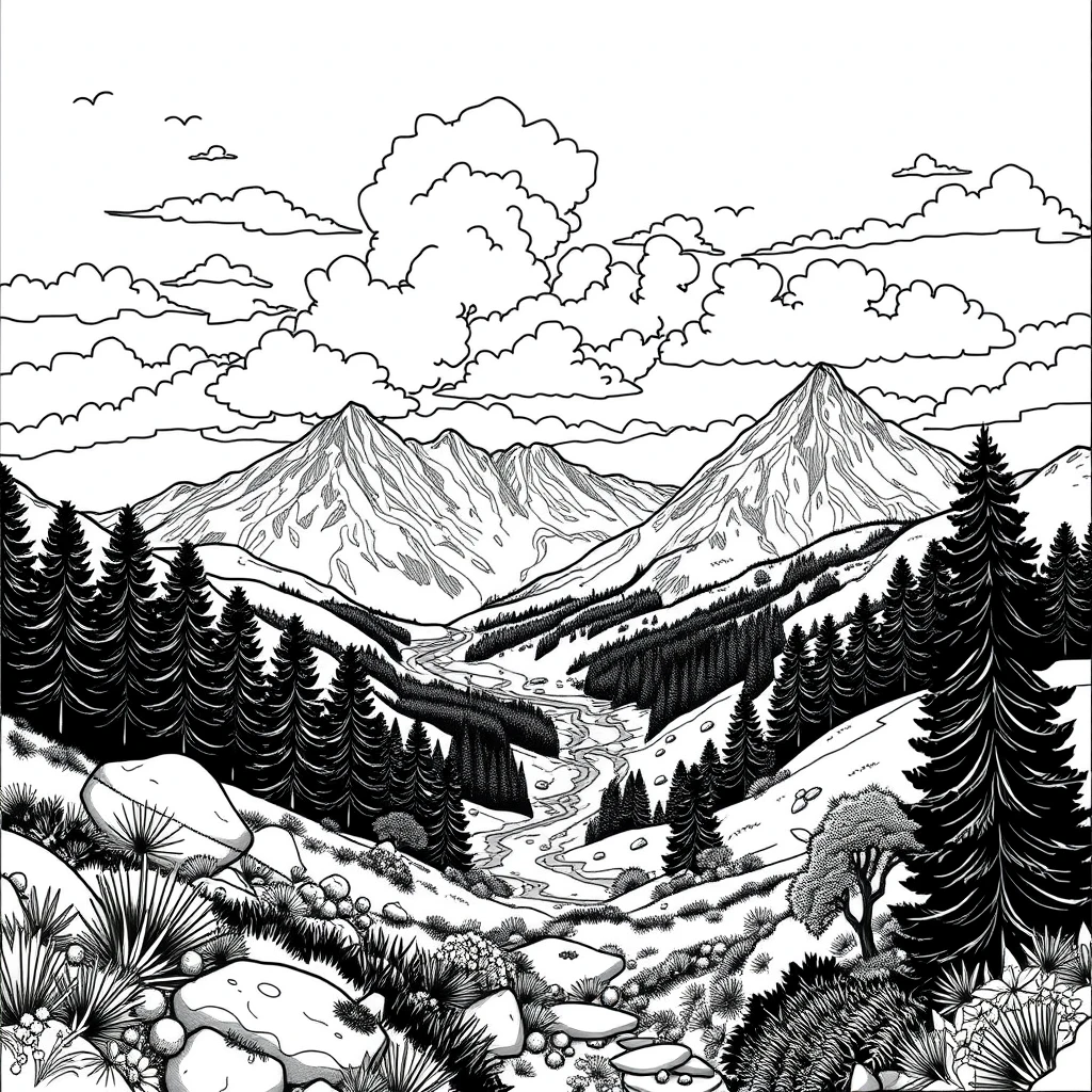 Draw a detailed image of a landscape scene, rendering it as a coloring book page for teens; in black and white outlines. - Image