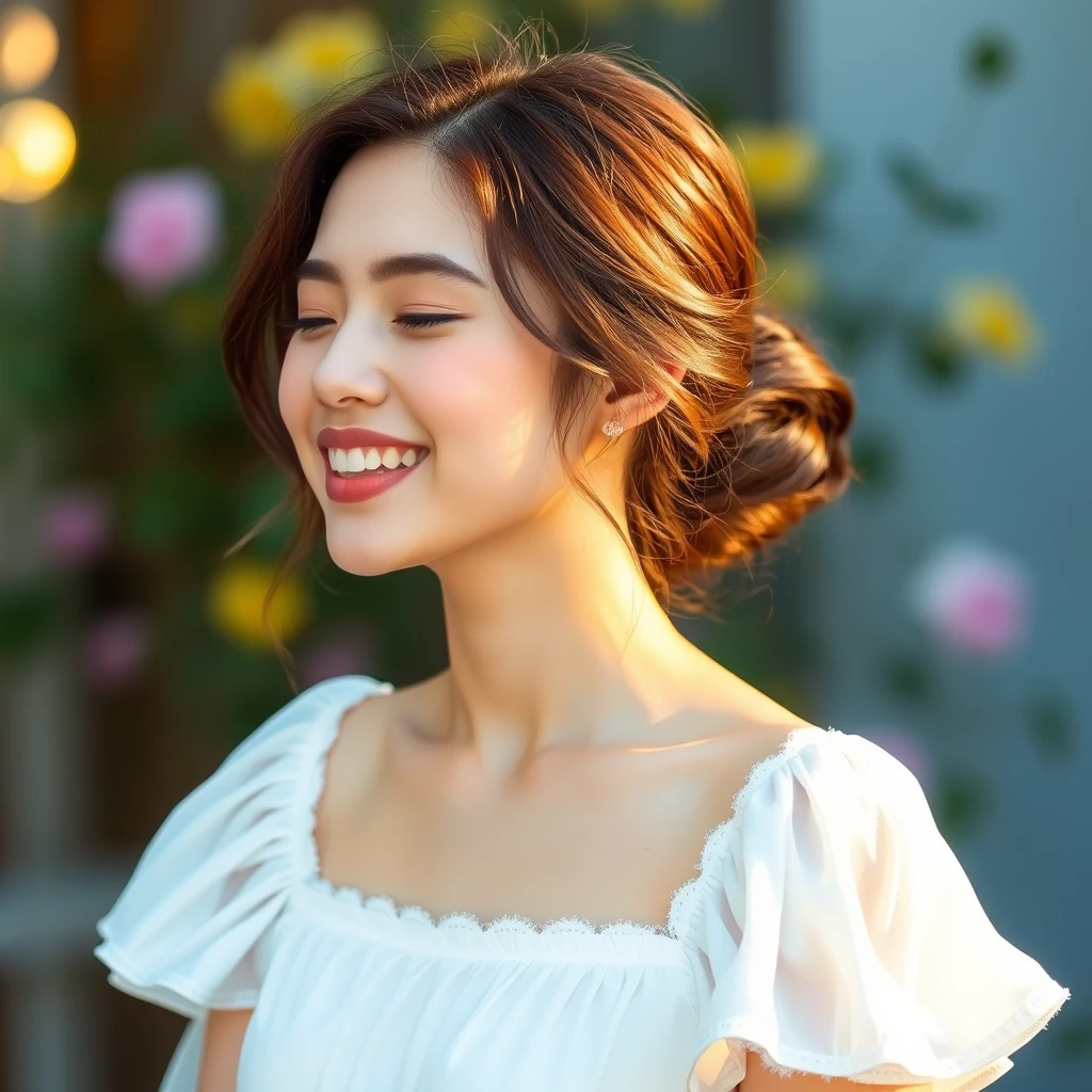 A blissful scene of a young woman in a white dress