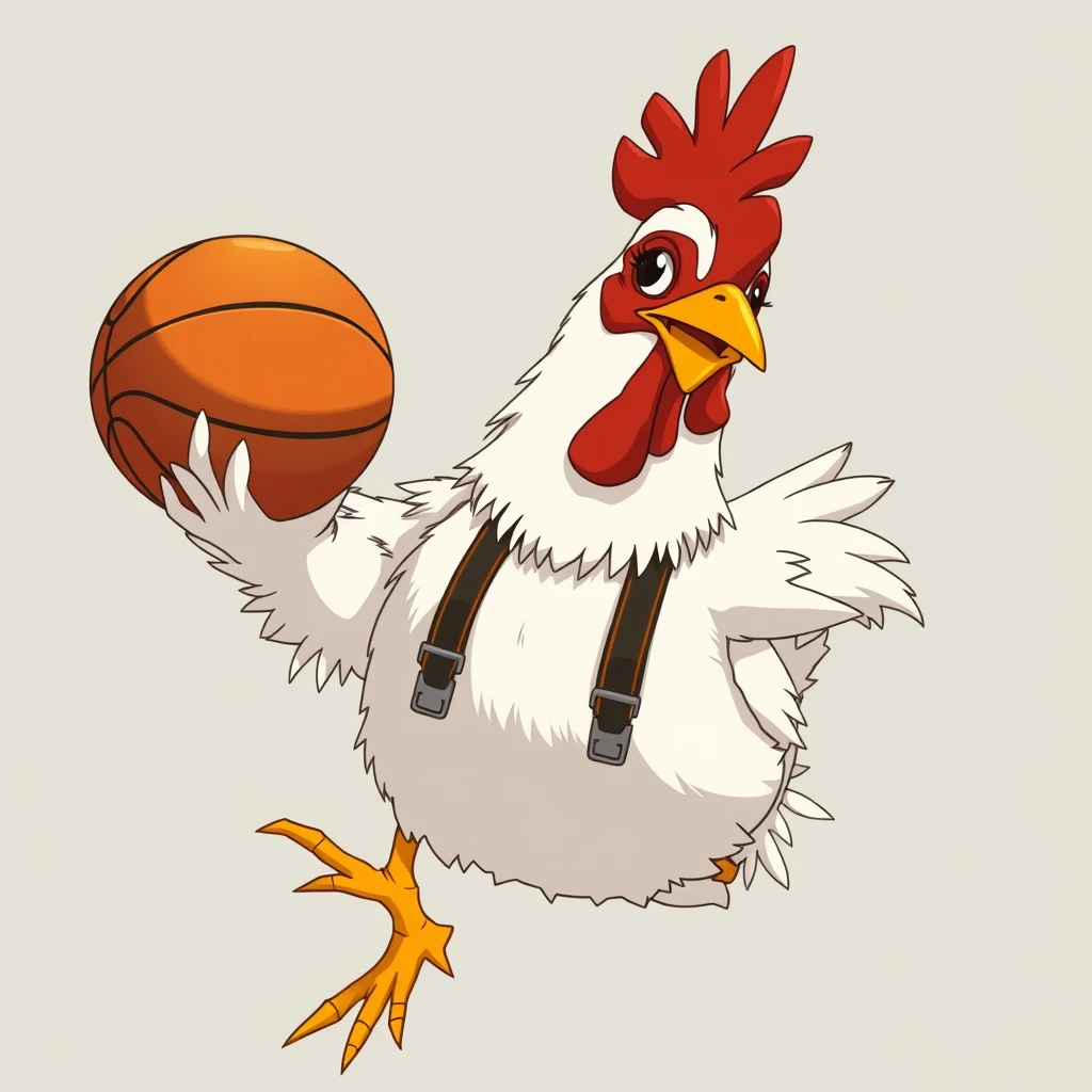 A chicken wearing suspenders and styled with a middle part is playing basketball, in an anime style, anthropomorphic, exaggerated.