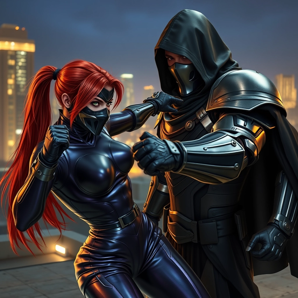 Female redhead with green eyes and a black metallic mask covering her face, dressed in metallic black and purple futuristic spandex, is throwing a punch at a tall man in heavy metallic armor, wearing a black hood and cape, on a futuristic rooftop at night, in a dynamic and realistic manner.