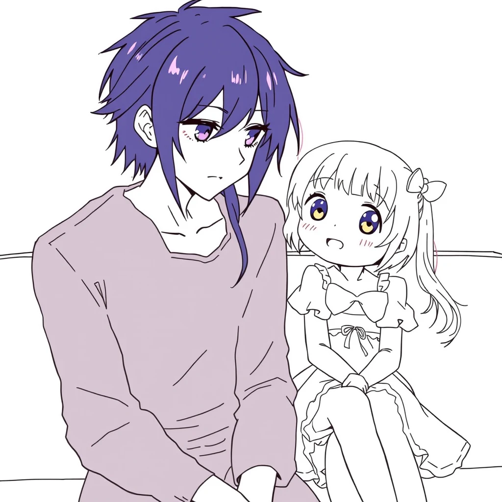 A young girl in a cute dress sitting with her boyfriend, anime line art.