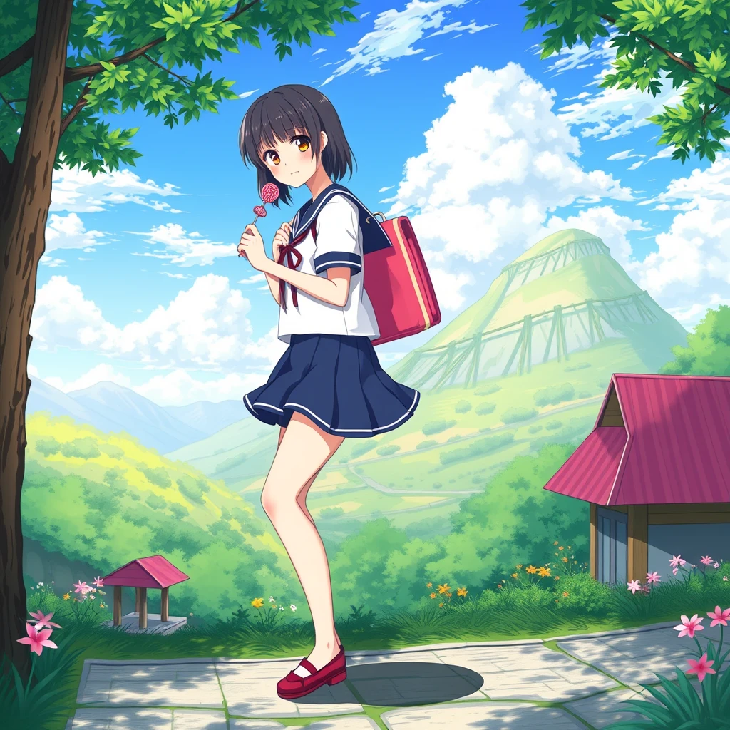 Japanese anime illustration: a girl in a sailor uniform with a short skirt holds a lollipop, shown in a full-body view within a picturesque landscape.