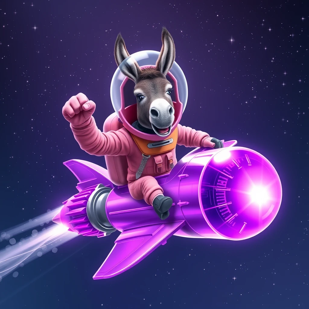 An ambitious donkey wearing pink astronaut costume, riding on a crystal light purple stunning spaceship, making a punching gesture, flying to the outerspace under a clear night sky with lots of shining stars. Realistic style. - Image