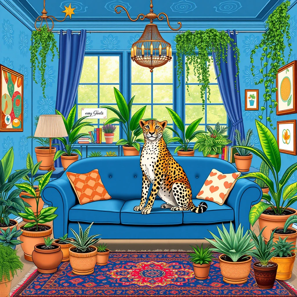 A maximalist illustration of a cheetah sitting on a blue couch in a blue living room, surrounded by flower pots. The room features decorative wallpaper, unique lighting elements, a colorful Persian rug, large windows with velvet curtains, and various books and art pieces. The space is filled with tropical plants, succulents, and hanging vines, creating a lush atmosphere.