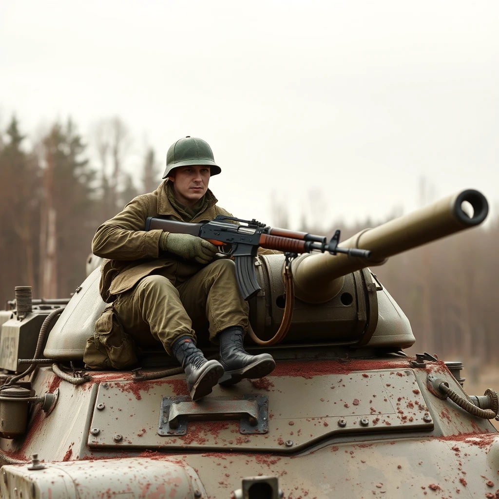 a soviet soldier on a tank with an AK-47 in hand