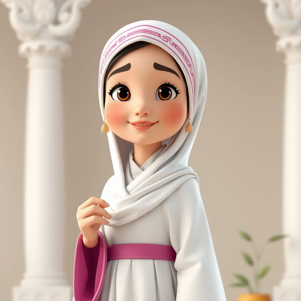 Create a 3D animated cartoon of a Muslim woman from Palembang wearing a long white gamis. The character should be highly detailed with 8K resolution. Focus on traditional Palembang features and cultural elements. - Image