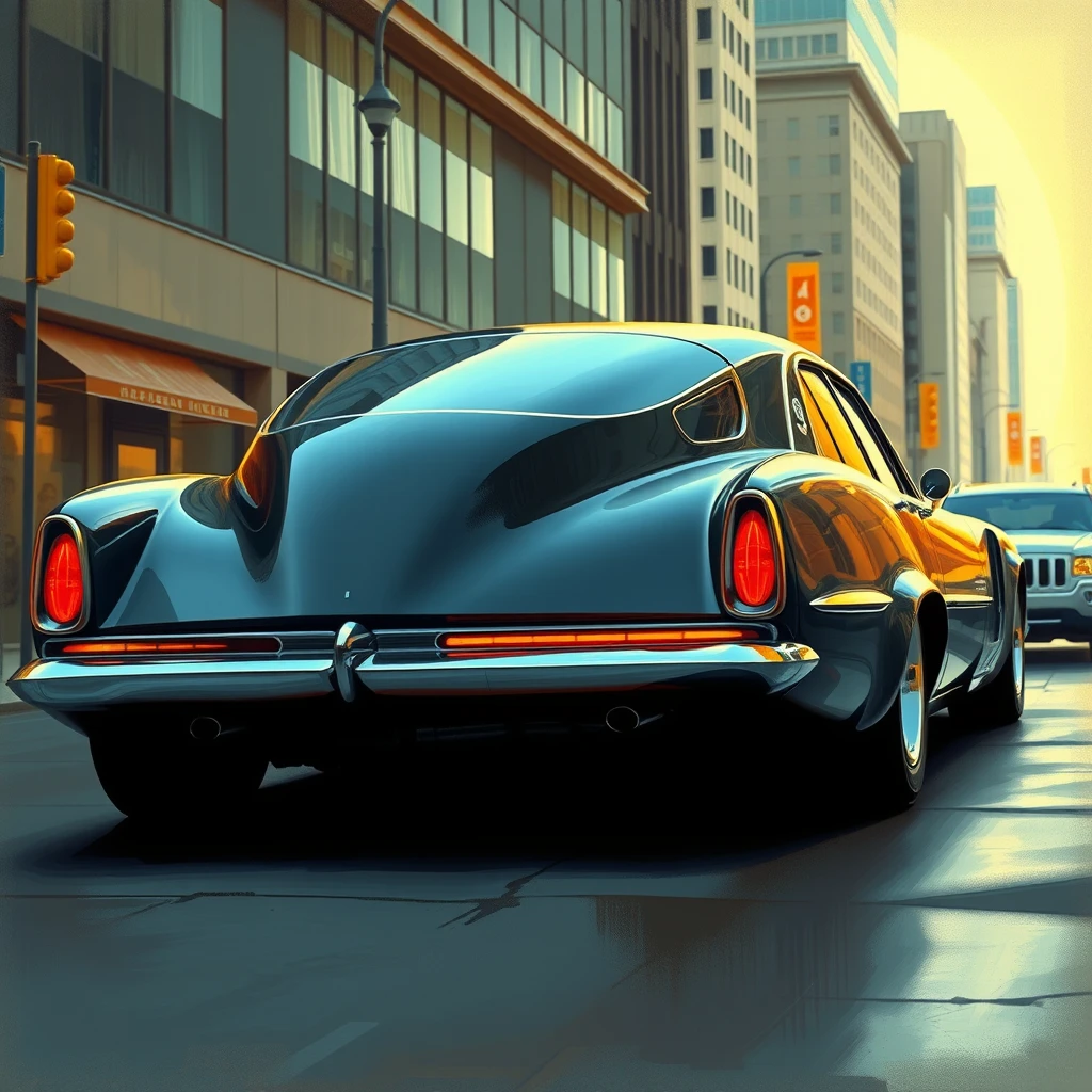 3/4 view, a retro-futuristic sedan concept in a city setting, a painting by Syd Mead, 4k, detailed.