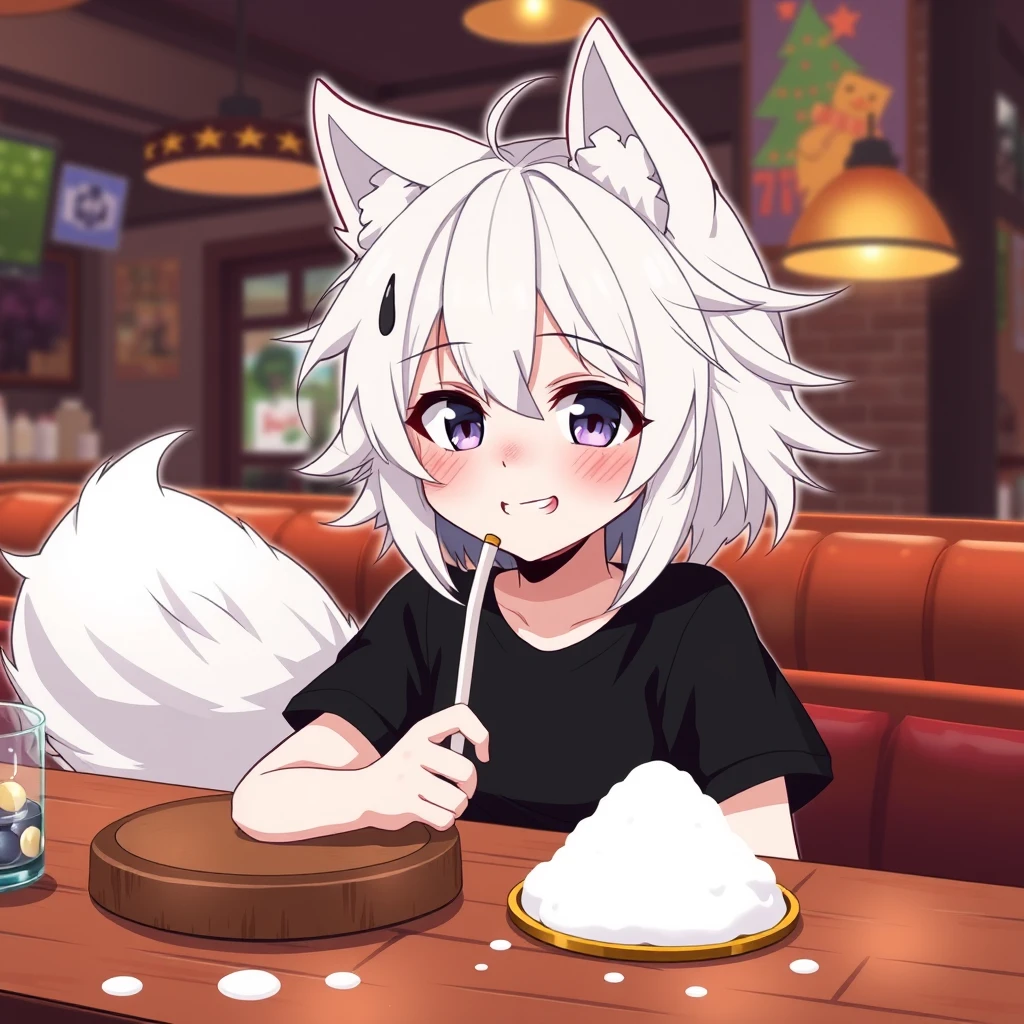 Cute teen anime girl with fluffy wolf ears and a fluffy tail, white messy medium hair, purple eyes, wearing a black t-shirt, sitting at the table in a bar. On the table is a tiny mountain of snow. The girl looks with a big crazy smile at the snow and has a straw in her right hand.