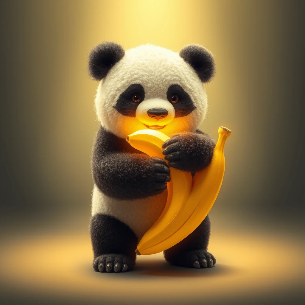 A big crunchy soy panda bear with a banana made of radiant fiery light. - Image