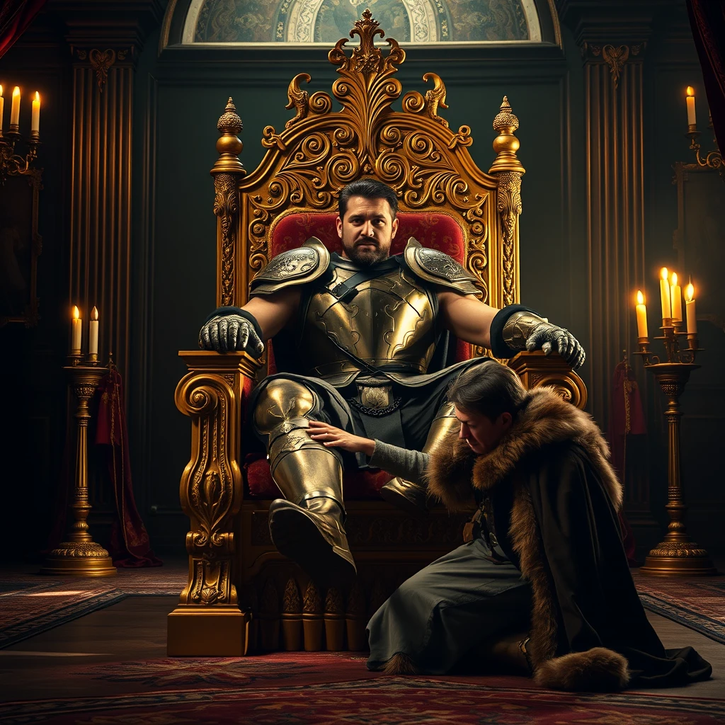 [Scene] A dramatically lit, professional photograph depicting a scene of stark contrast and power dynamics in a medieval European palace. The grand hall is opulent, yet shadows cling to the corners, hinting at the recent upheaval. A golden throne, resplendent with intricate carvings, dominates the center of the image, bathed in the warm glow of unseen torches.  
[Characters] A handsome, powerfully built usurper, clad in gleaming, battle-worn plate armor, sits sprawled arrogantly upon the throne, his muscular form a stark contrast to the richly embroidered velvet cushions. His expression is one of cold triumph, his gaze fixed on some distant point beyond the frame. At his feet, kneeling in a posture of abject submission, is the deposed king, a frail figure draped in a tattered, fur-trimmed robe, his face etched with despair as he presses his lips to the usurper's armored boot. - Image