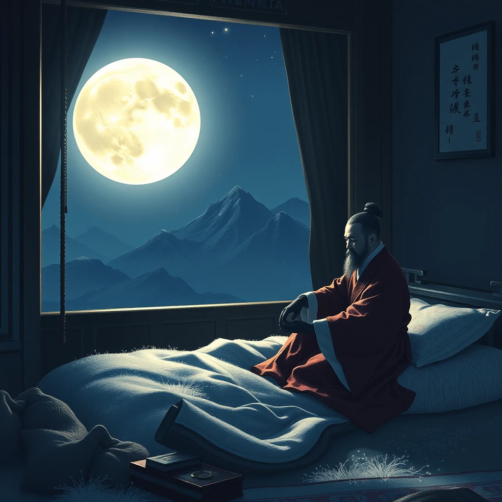 One night, a man in China during the Tang Dynasty, Li Bai sat by his bed at home, with the moonlight streaming into the room. The moon was particularly bright that night, casting a glow that looked like a layer of white frost on the ground. The room was incredibly quiet, with only the moonlight shimmering. - Image