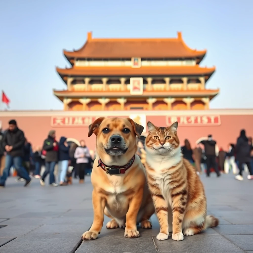 Picture of a dog and a cat on Tiananmen Square in Beijing.