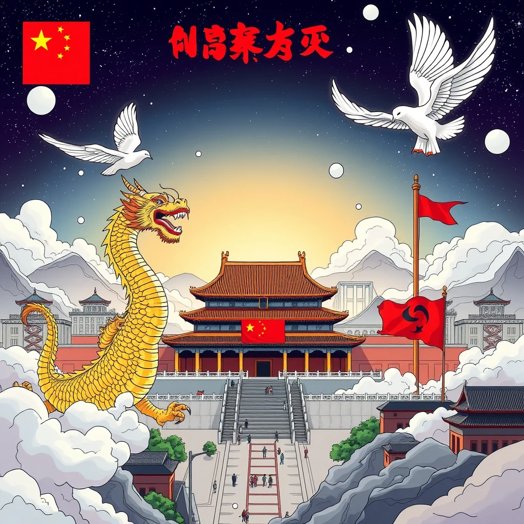 Theme: Building dreams together, looking towards the future. The content is healthy and the concept is innovative. The comic illustrates the tremendous changes that have taken place in the great motherland since the establishment of the People's Republic of China 75 years ago. A4 paper size, no text output. The image includes a Chinese dragon, Tiananmen, a red flag, and a peace dove, set against a science fiction-themed background. - Image