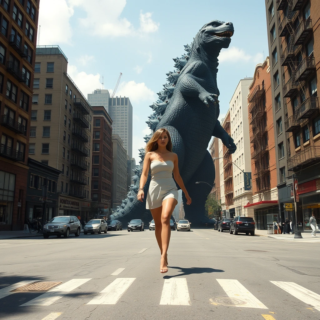 A 50-meter-tall giant woman the size of Godzilla walking through the city barefoot; she is taller than the rooftops of buildings.