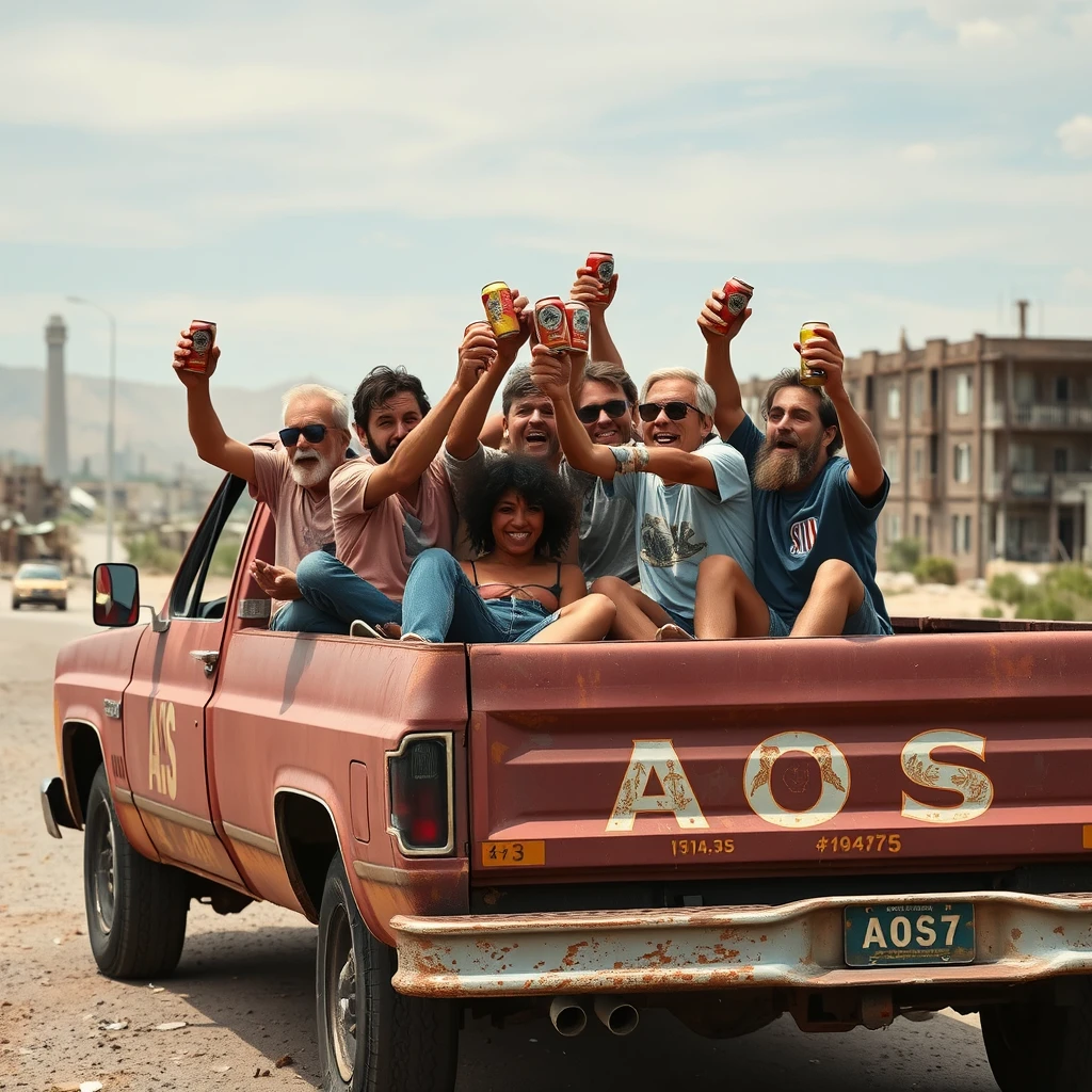 A visually intoxicated bunch of morons riding in the bed of a pickup truck, toasting with beer cans. The truck drives through an abandoned city, is very rusty, and has the letters "AOS" printed on the side. - Image