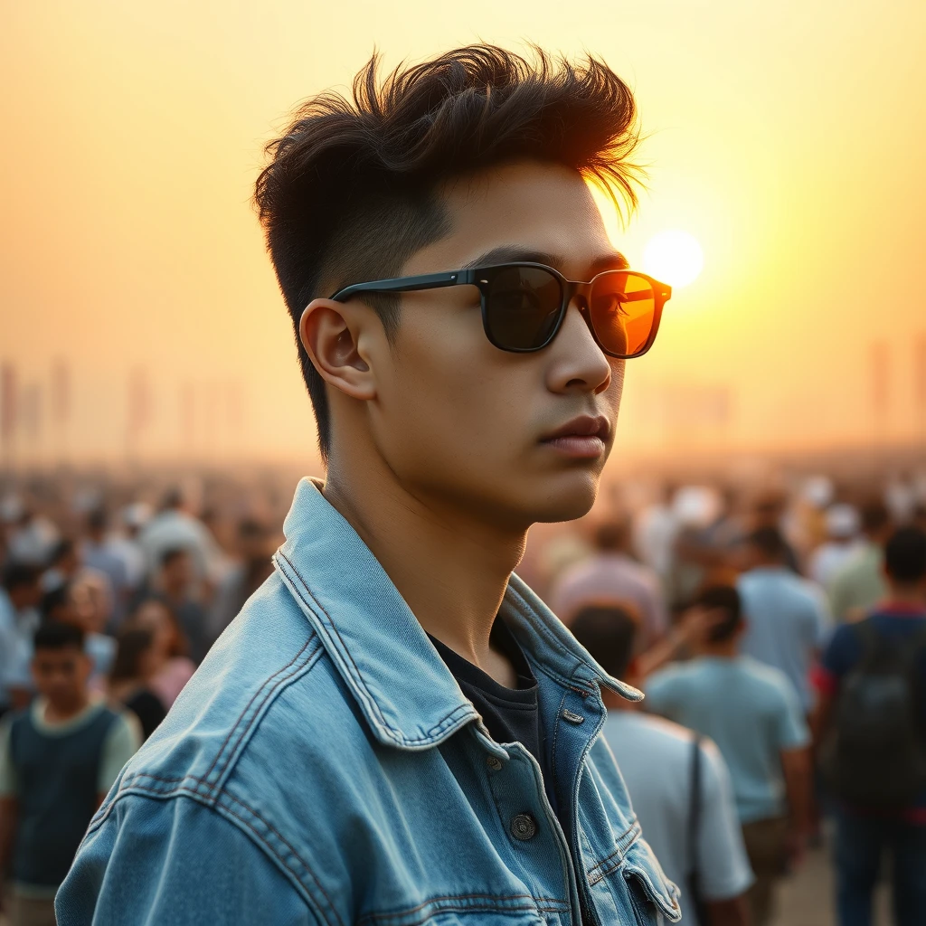 Side profile of a young Asian man. He is wearing a light blue jean jacket, black sunglasses and a slightly serious expression. In the background, there is a golden sunset, and in the distance, there is a crowded scene, as if it is some kind of gathering or activity. The overall visual experience is one of shock and hazy beauty, and the characters and the background create a unique sense of atmosphere.

Translated with DeepL.com (free version) - Image