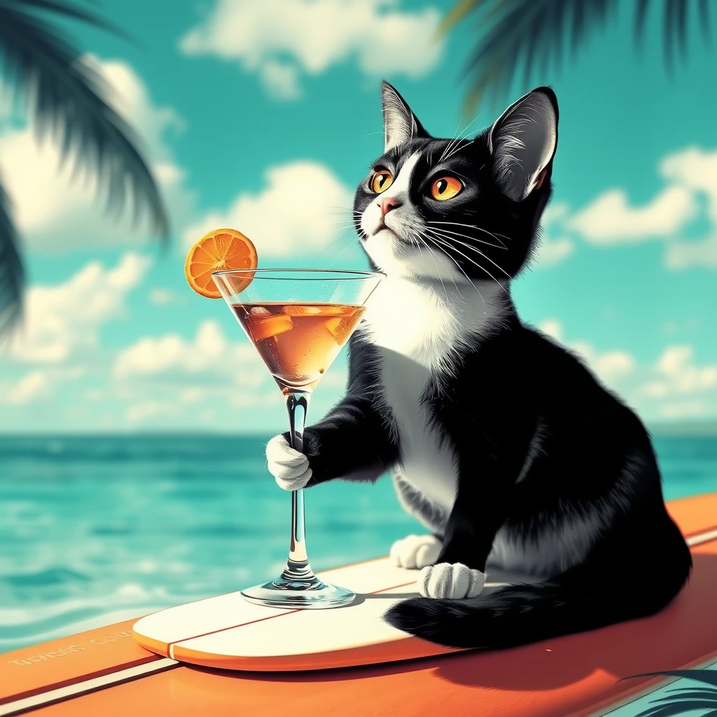 Color picture. Black and white cat on a surfboard drinking a martini.