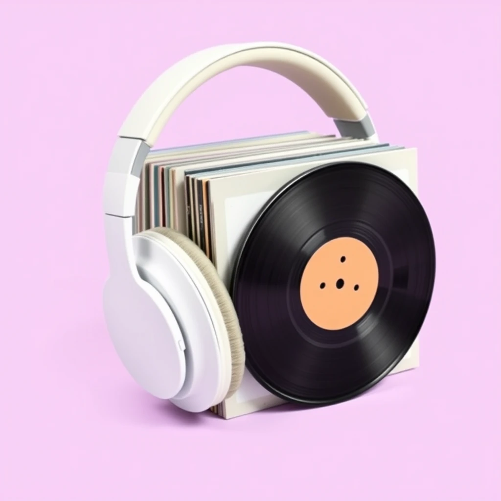 White pair of over-ear headphones clamping together a small number of vinyl records. Records are in their sleeves and stand upright. Isolated against light purple background.