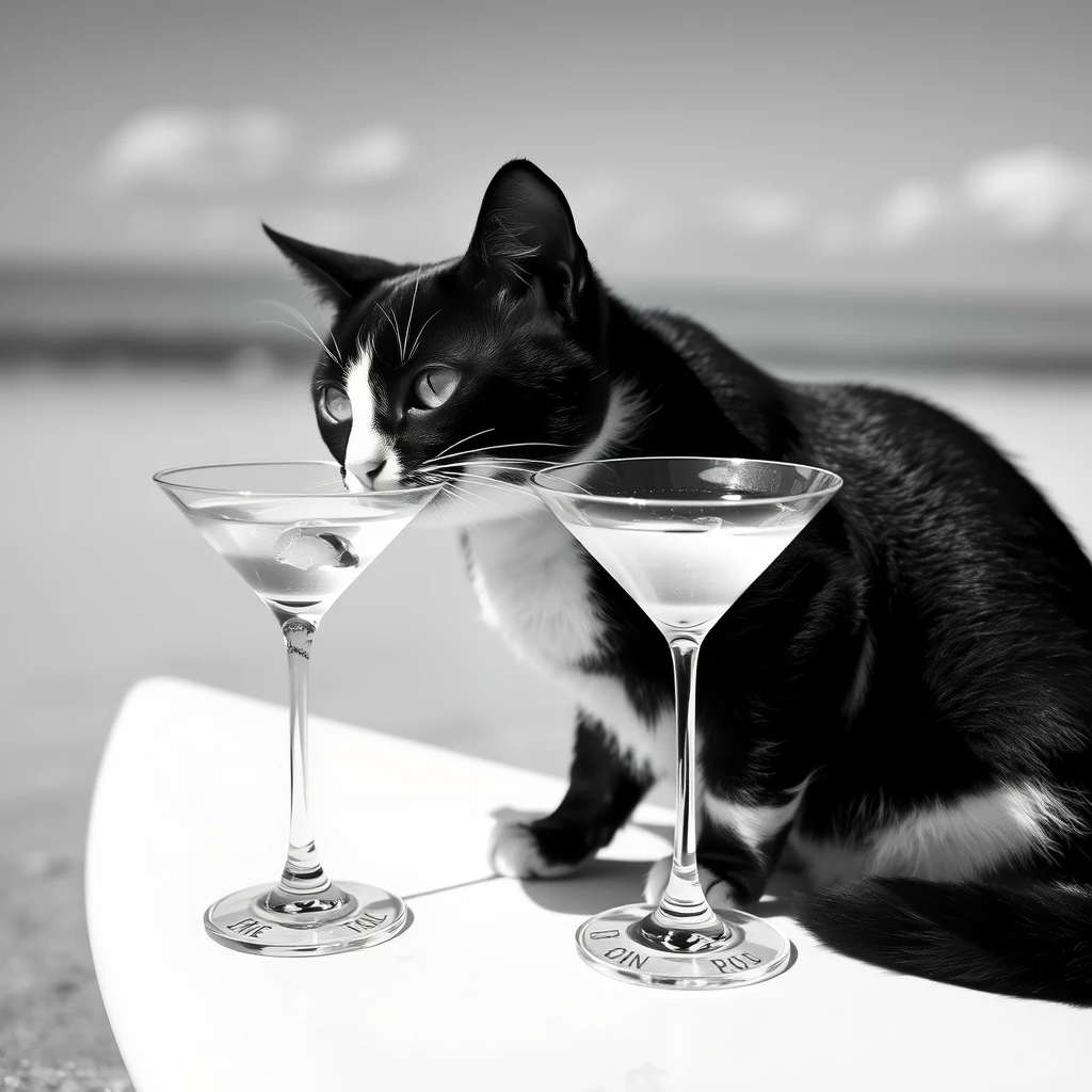 Black and white cat on a surfboard drinking a martini