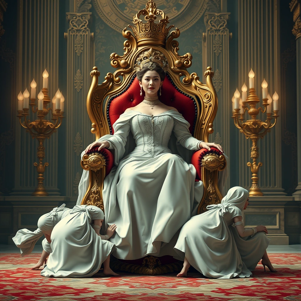 The voluptuous and beautiful queen sits on a luxurious and exquisite throne, which is carried by four palace maids crawling.