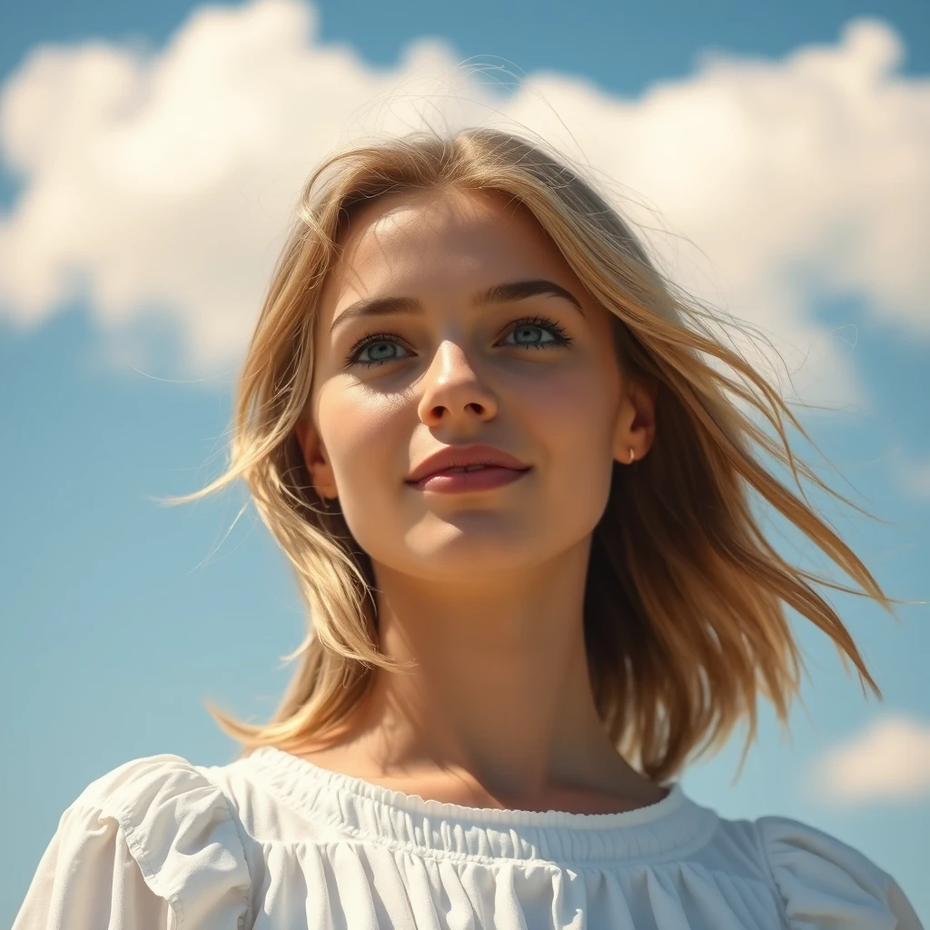 A serene, blissful scene of a young woman in a white dress. The scene feels real and unpolished, informal. The subject has natural beauty, authentic imperfections; counter to the plastic surgery so often seen. A few strands of light blonde frame the sides of her eyes. The fluffy clouds decorate the clear blue sky.