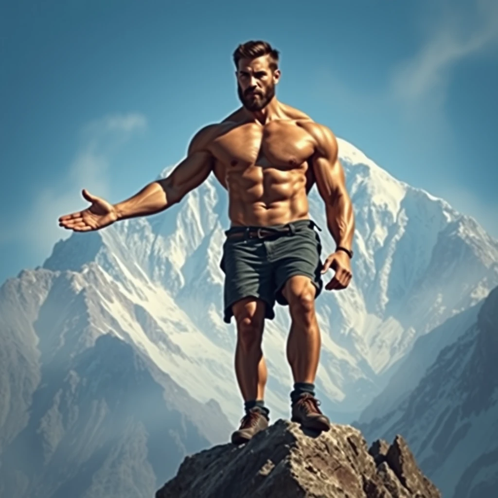 "Muscular man on Mount Everest, realistic style." - Image