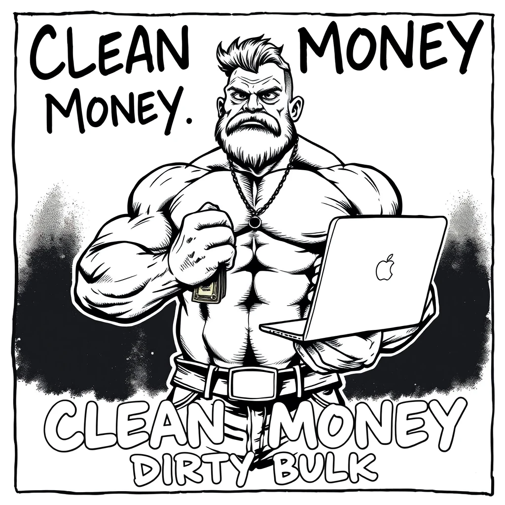 Black ink comic monochromatic style of a muscular gigachad holding a wad of cash and a MacBook. Text says “Clean Money Dirty Bulk”.