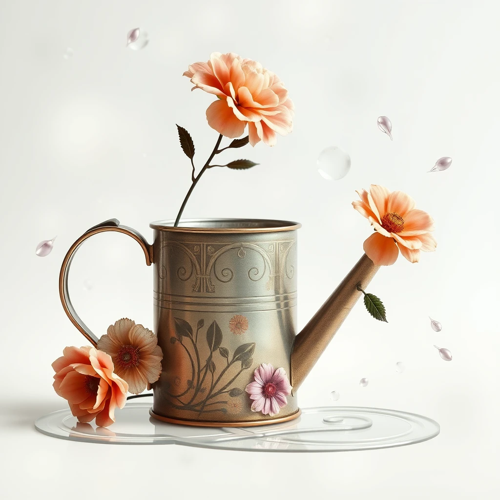 Transparent background, floral watering can, iron art, sense of history, abstract. - Image