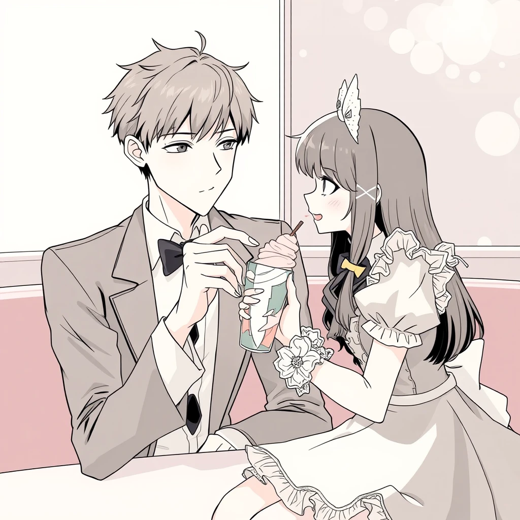 The boy was sitting and gently feeding his girlfriend a cup of ice cream at the table, and the girl, who was wearing a Lolita outfit, looked happy. The boy was tall, handsome, and dressed formally in an anime lineart style. - Image