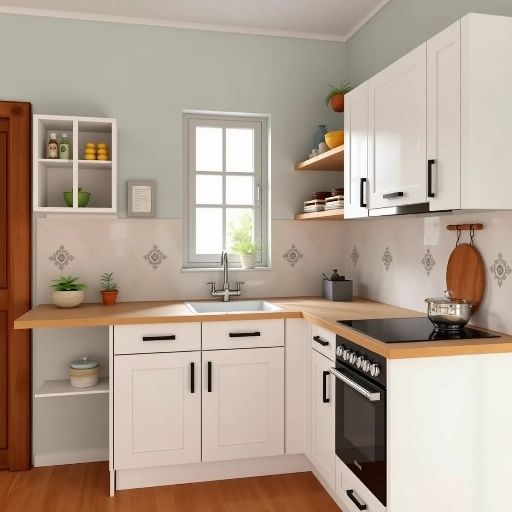 Minimalist and cheerful L-shaped kitchen platform with a sink in the corner, a window on one wall, and a cooktop next to another wall, featuring space-saving storage ideas in an ethnic Indian style and color palette.