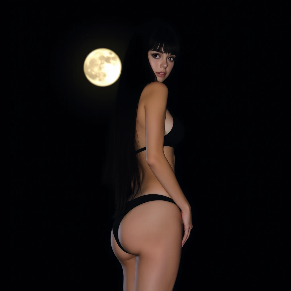 Slim, tall girl with long, black hair and wearing a simple black bikini. She is facing the viewer and it is night. In the background, a black sky with a big, bright moon. - Image