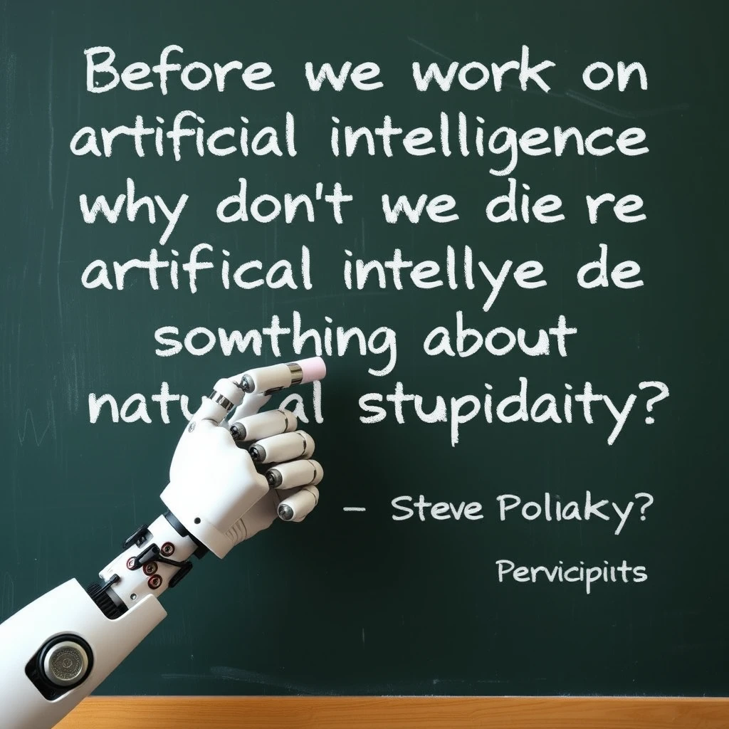 A robotic hand holding a piece of chalk writing with that piece of chalk on a chalkboard with writing on it that says “Before we work on artificial intelligence why don’t we do something about natural stupidity?”

—Steve Polyak , on a classroom style chalkboard - Image