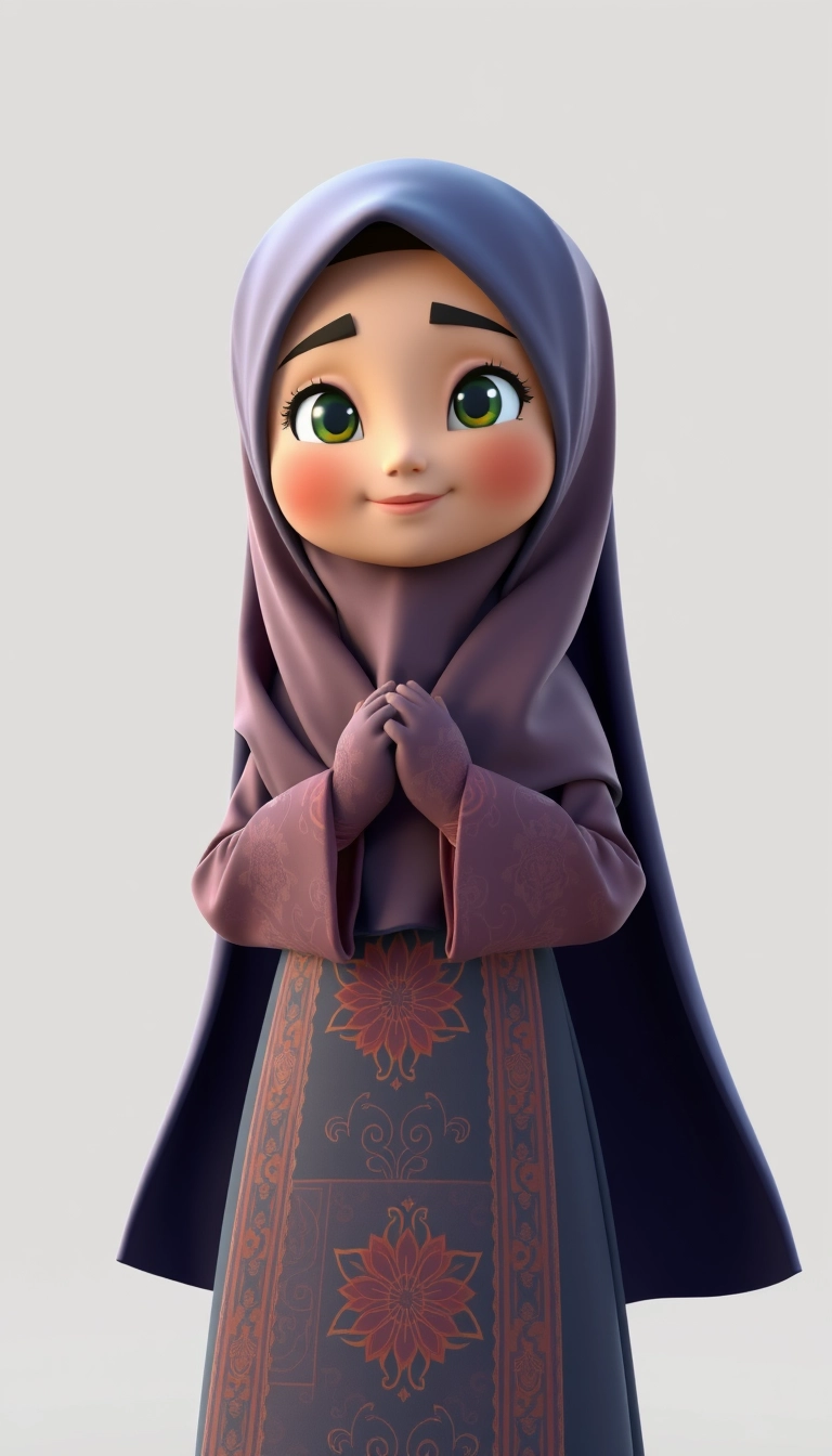 A 3D, 8k animated cartoon depiction of a Muslim woman from Palembang, wearing a traditional long songket and a long gown (gamis). She is adorned with a hijab that covers her chest and wears batik gloves covering her hands. - Image