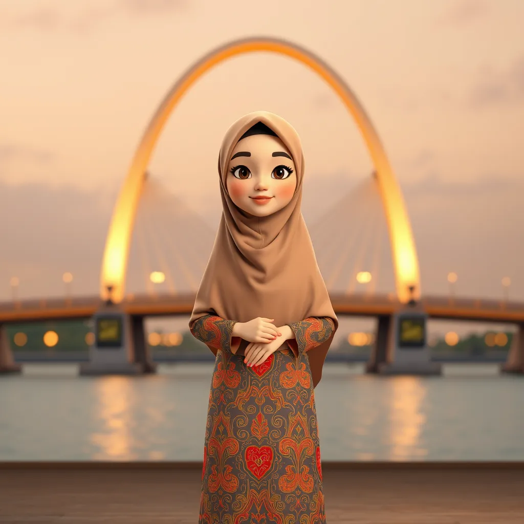 A 3D cartoon animation of a Muslim woman from Palembang, Indonesia, wearing a traditional long songket dress. She stands gracefully in front of the iconic Ampera Bridge, which arches beautifully in the background. The scene is rendered in stunning 8k resolution, capturing the vibrant colors and intricate details of the songket fabric. The woman's expression is serene and peaceful, with a gentle smile. The overall atmosphere is warm and welcoming, showcasing the cultural beauty and elegance of Palembang. - Image