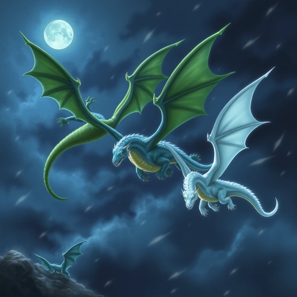 a green dragon, a blue dragon and a white dragon in flight during a stormy night - Image