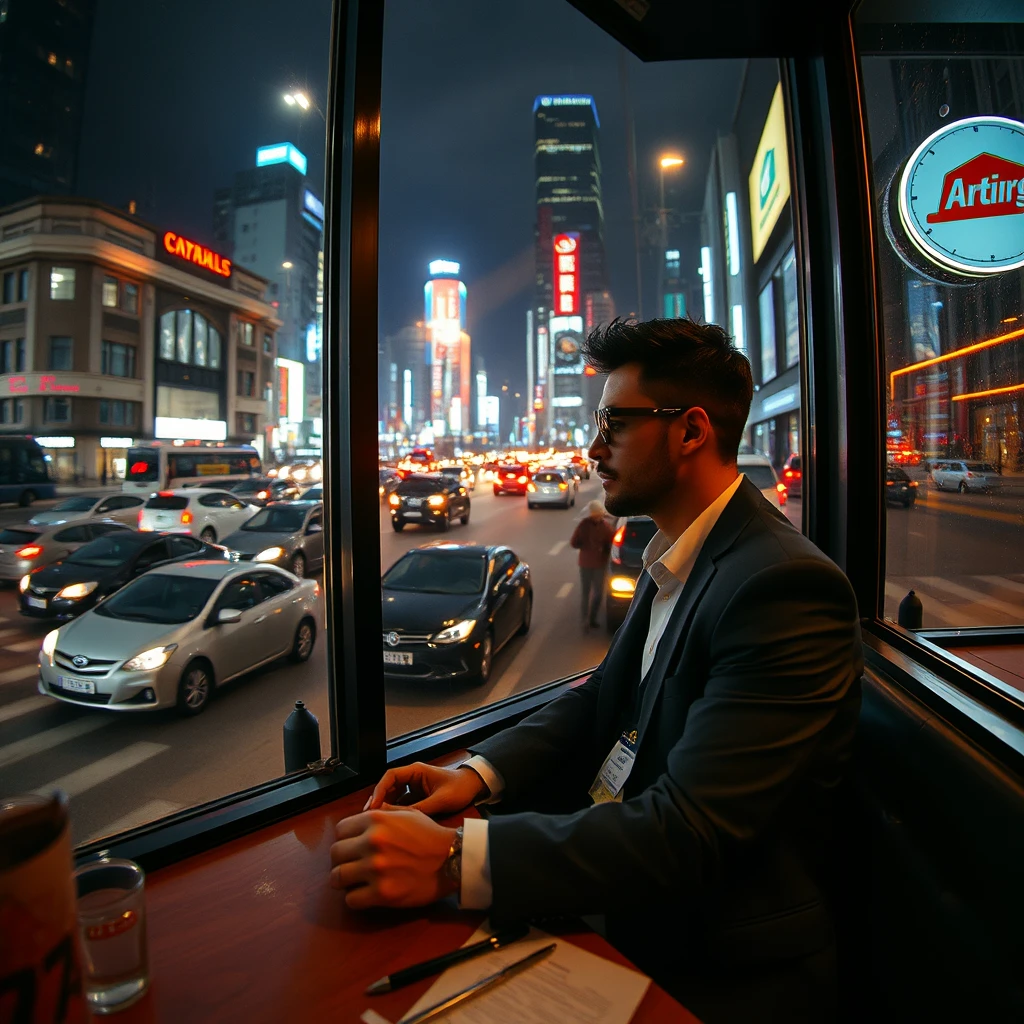 "A working professional sitting inside a restaurant by the window during the late-night rush hour, with the city's night view and traffic outside. Wide-angle lens, cyberpunk style." - Image