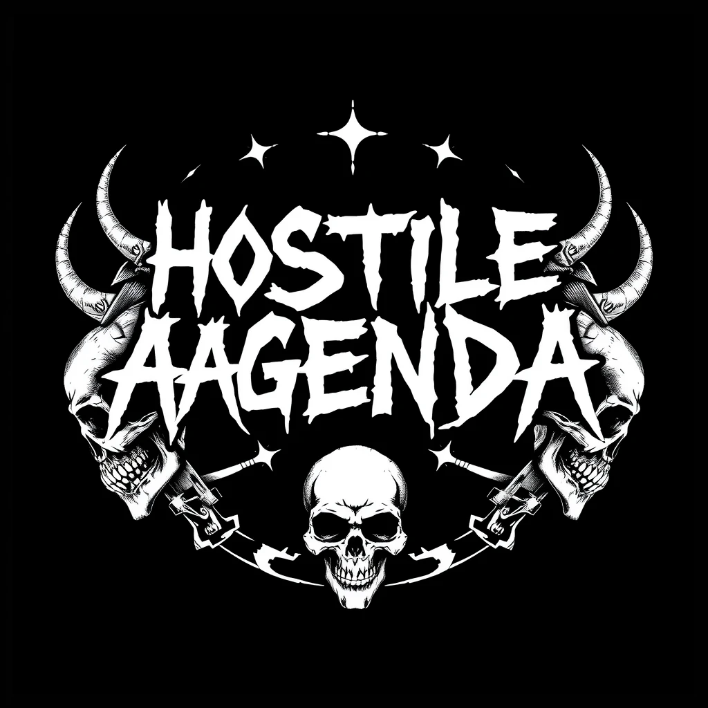 A logo for a hardcore punk band from the 1980s. The band name is HOSTILE AGENDA. It should be very detailed, but simple. White text on a black background. Skulls should be included. It should look dirty and vintage.